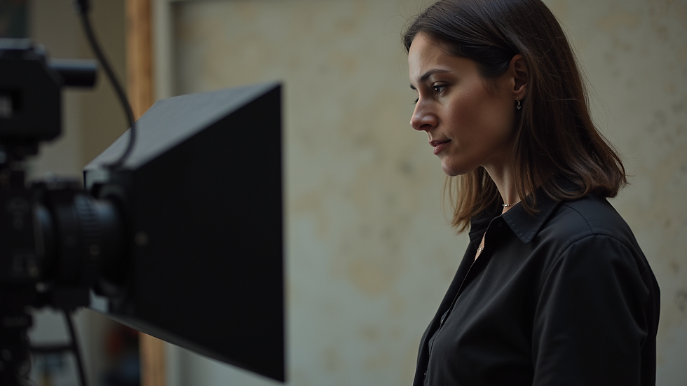 Eye-level view de estúdio de gravação com equipamentos audiovisuais