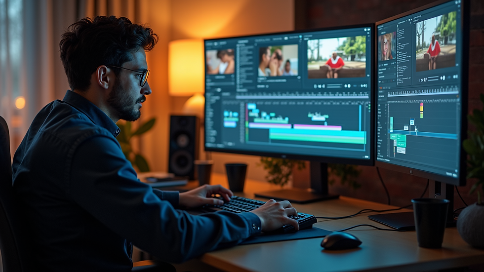 Eye-level view of video editor working on computer with timeline