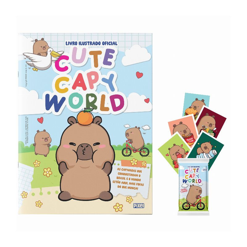 LIVRO ILUSTRADO CUTE CAPY WORLD: KIT ÁLBUM CORTESIA + 10 ENVELOPES (50 CROMOS)