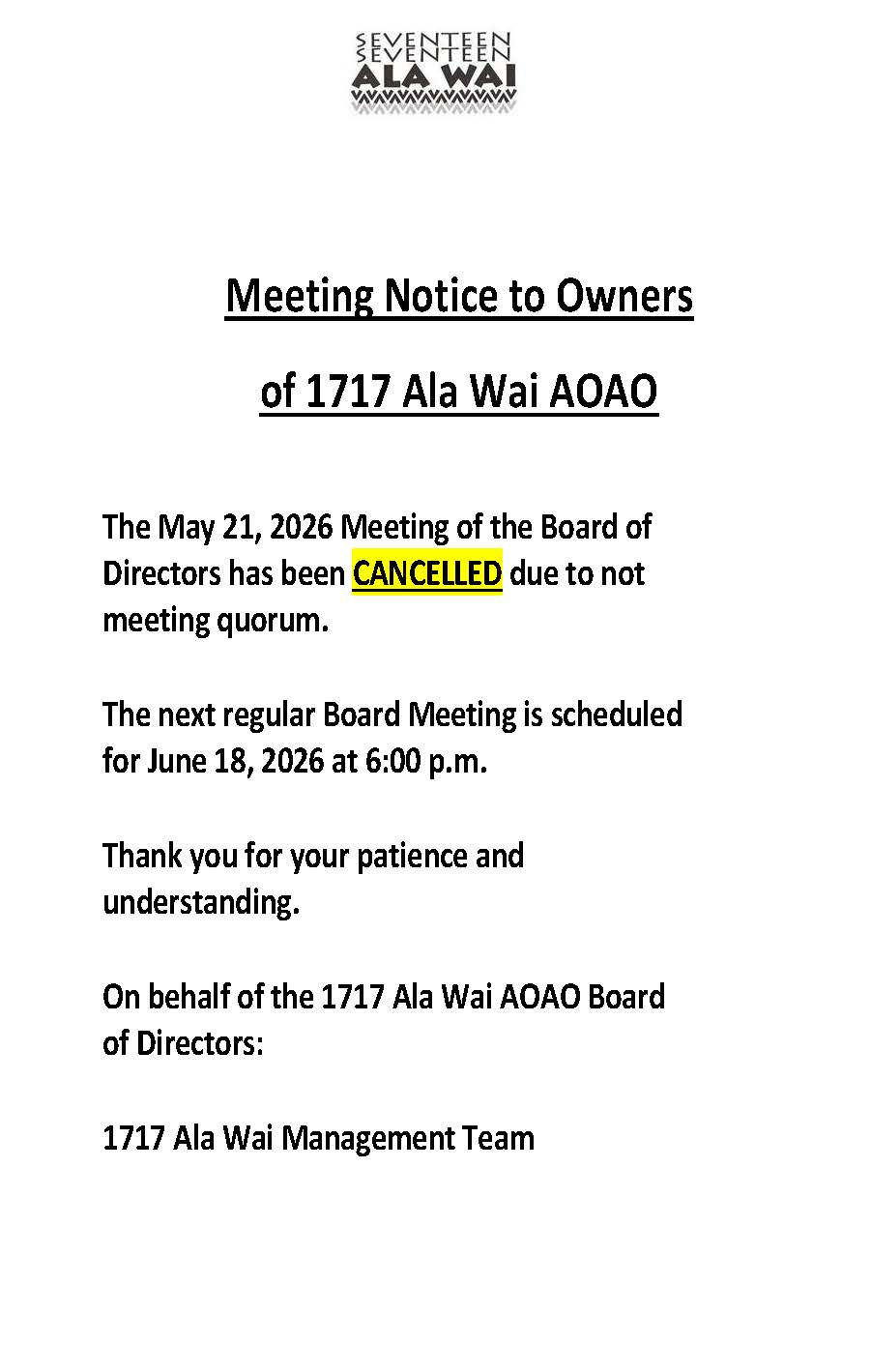 May Regular Board Meeting Cancelled