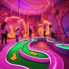 teenagers playing mini golf at a bright vibrant mini golf pitch, indoors, inspired by Anto