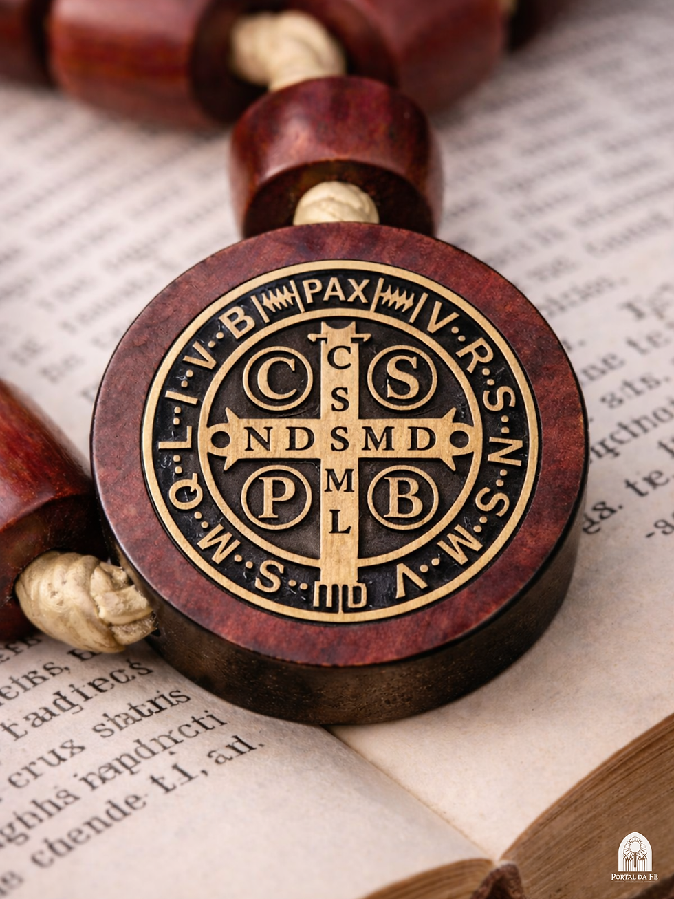 Miniatura: Terço de Madeira - Medalha e Cruz Sagrada de São Bento Marrom Resistente 10mm 