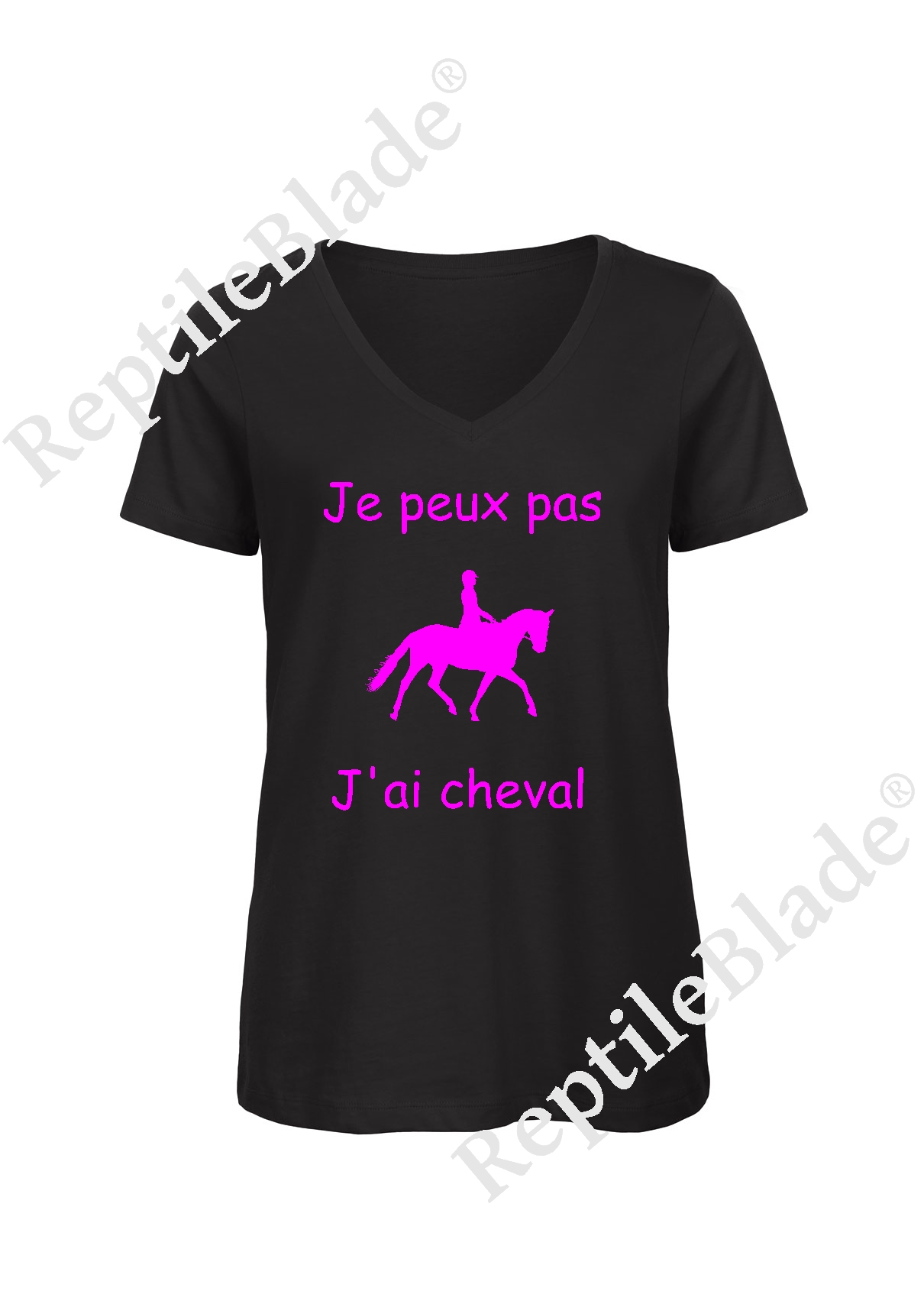 Miniature T-shirt femme col v "Je peux pas j'ai cheval"