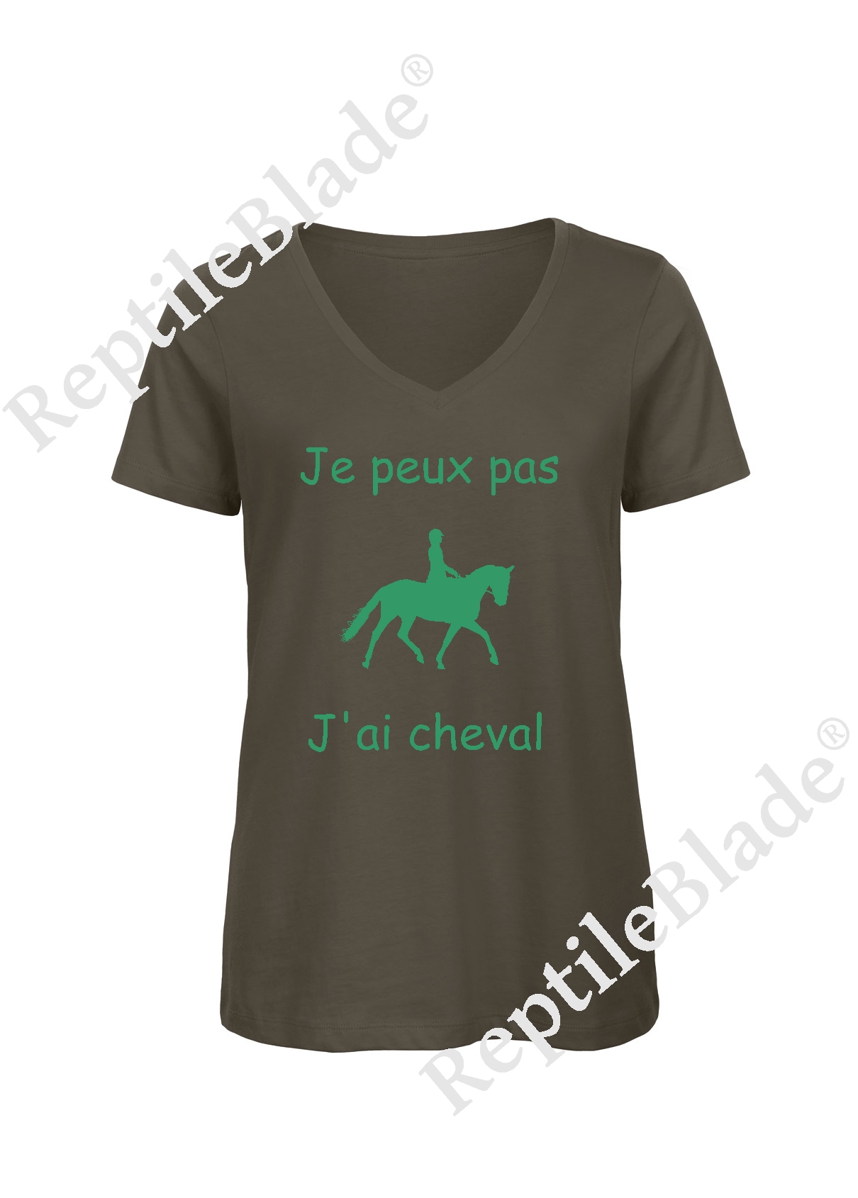 Miniature T-shirt femme col v "Je peux pas j'ai cheval"