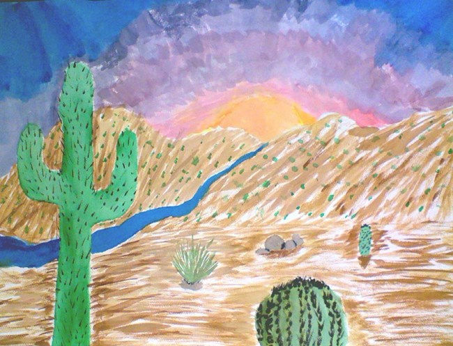 An image of a desert landscape rendered in watercolor