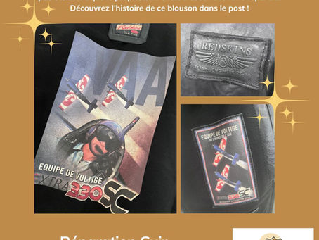 Blouson Redskins en cuir dédié à Renaud Écalle, champion du monde de voltige aérienne, inspiré de l’univers des pilotes avec patchs et broderies hommage à l’aviation.