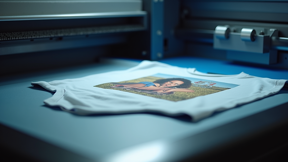 Close-up view of a custom photo t-shirt printing machine in action