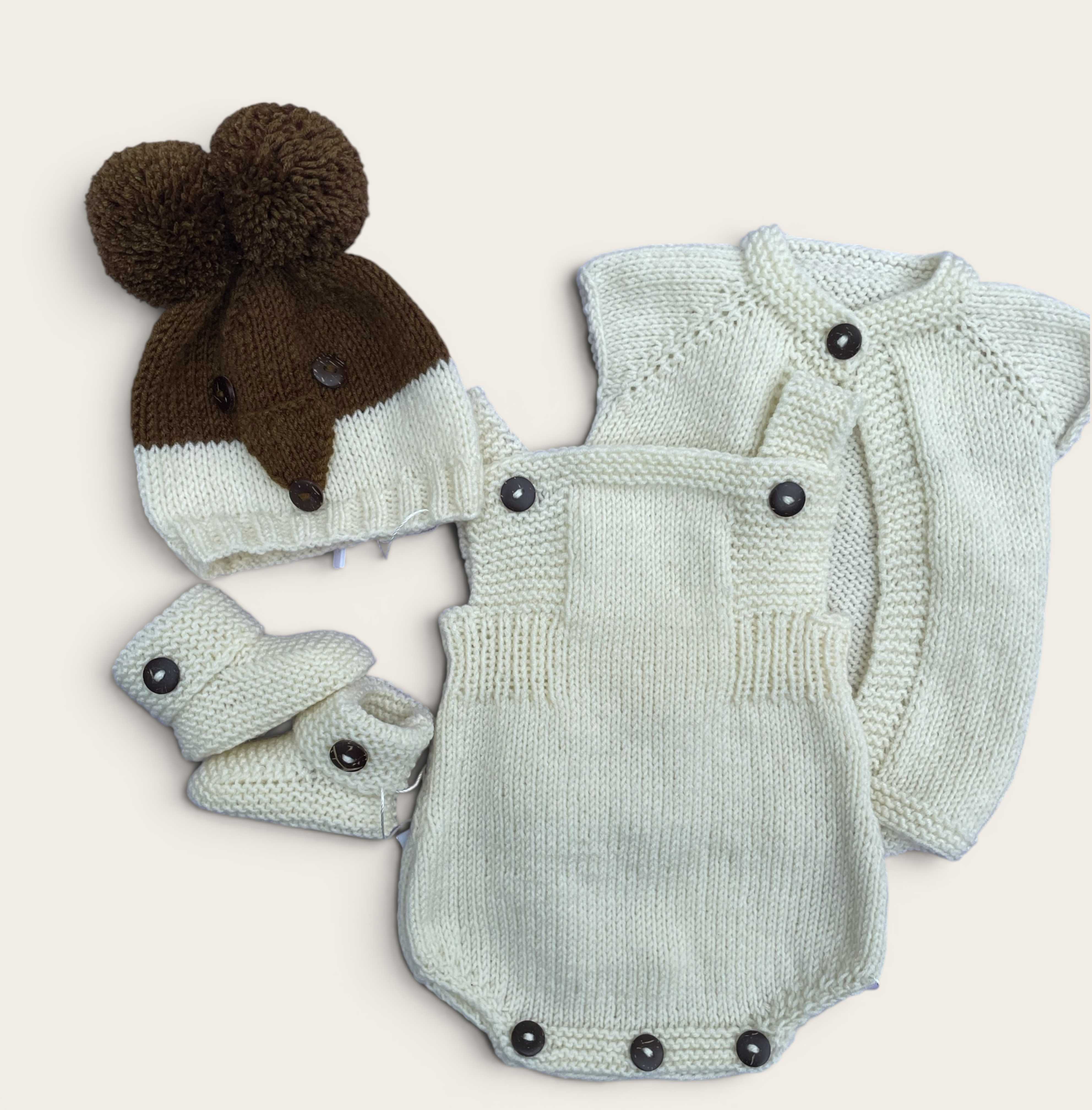 The Bear Hat with Ivory Romper, Cardi and Booties