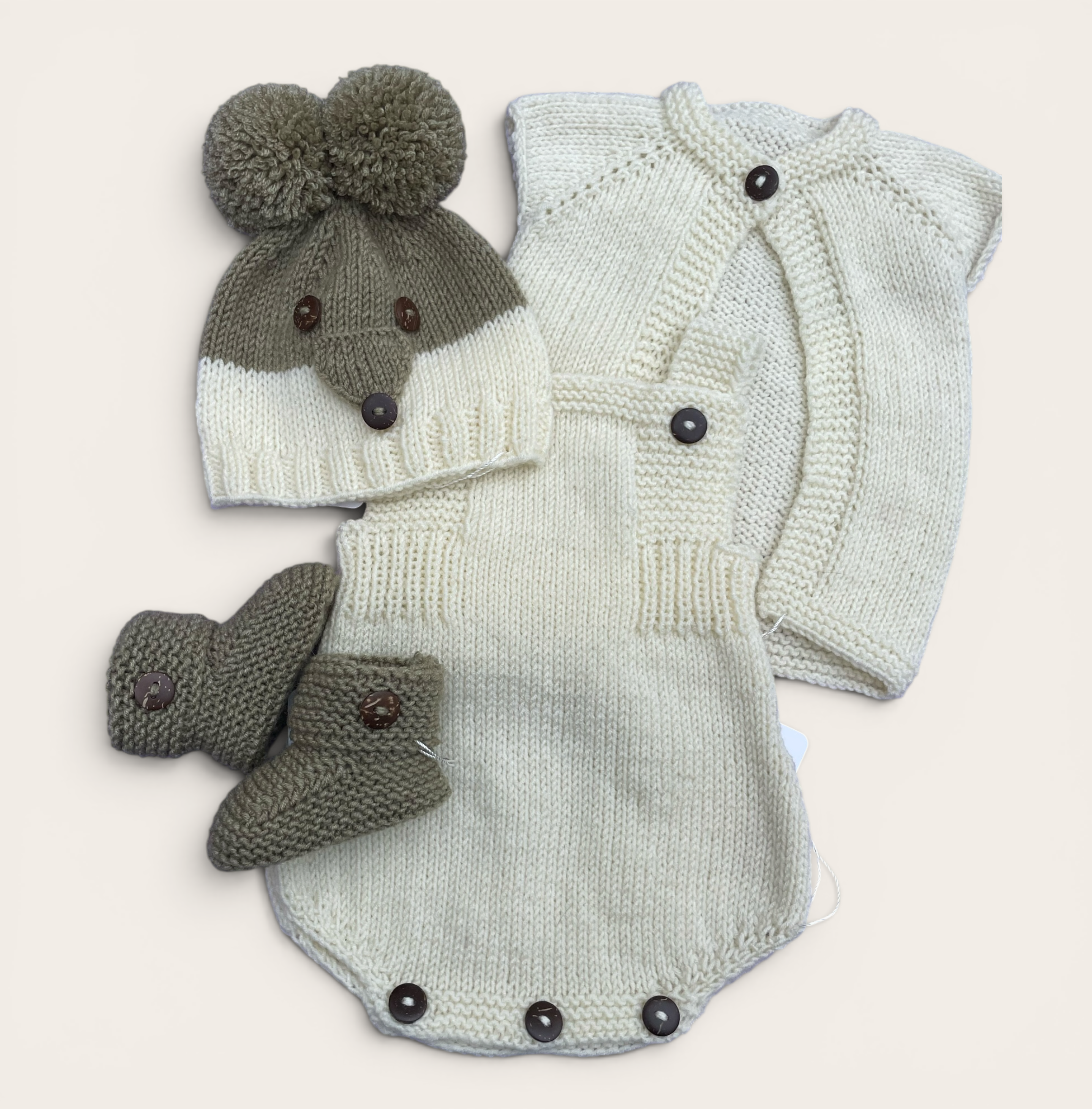 The Frog Hat with Ivory Romper and Cardi and Fern Booties