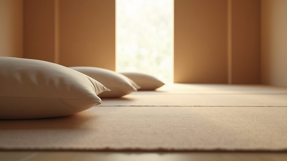 Eye-level view of a serene meditation space with cushions and soft lighting