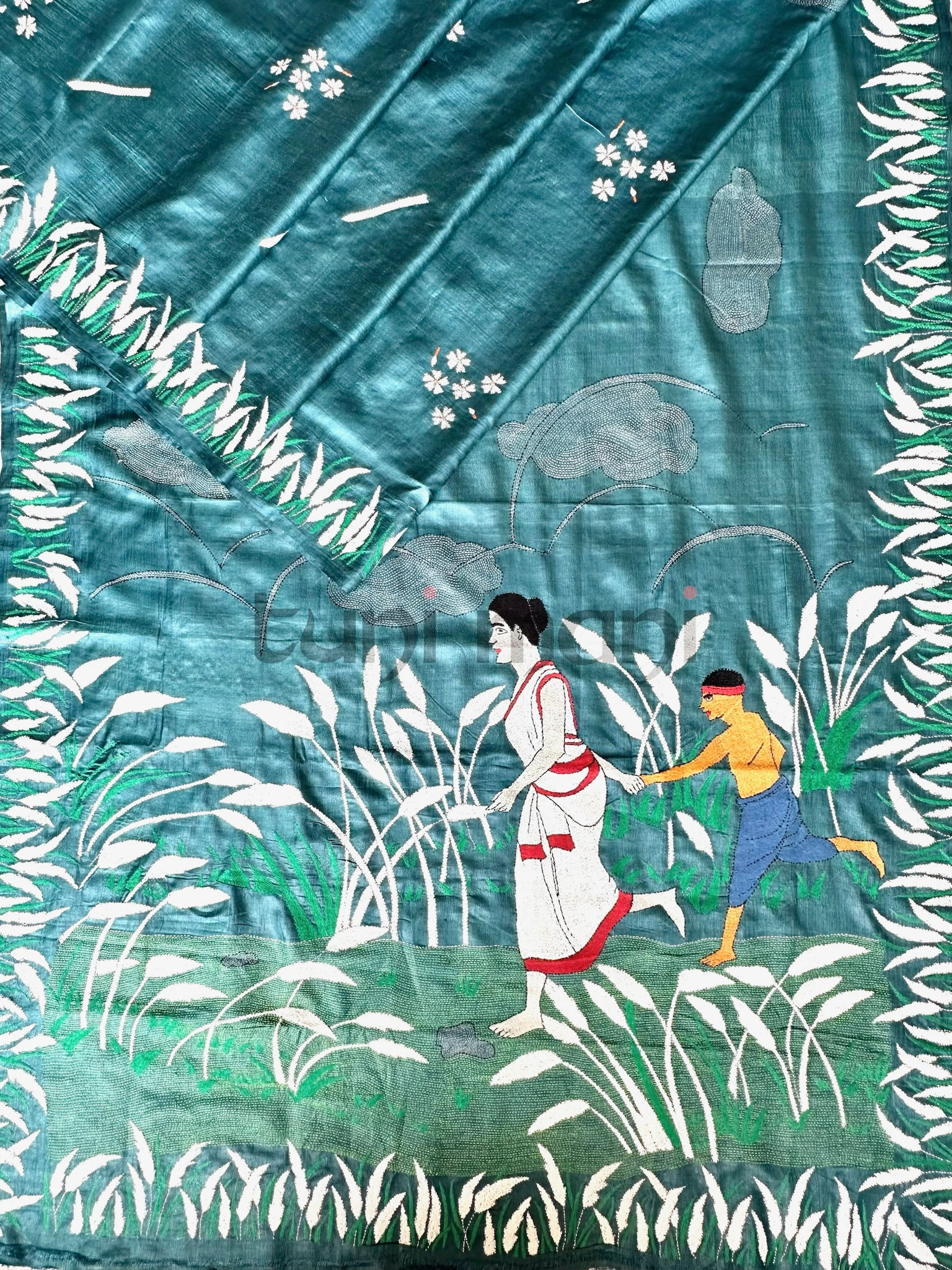 Autumn in Bengal-Themed Hand-Painted & Kantha Embroidered Tussar Silk Saree