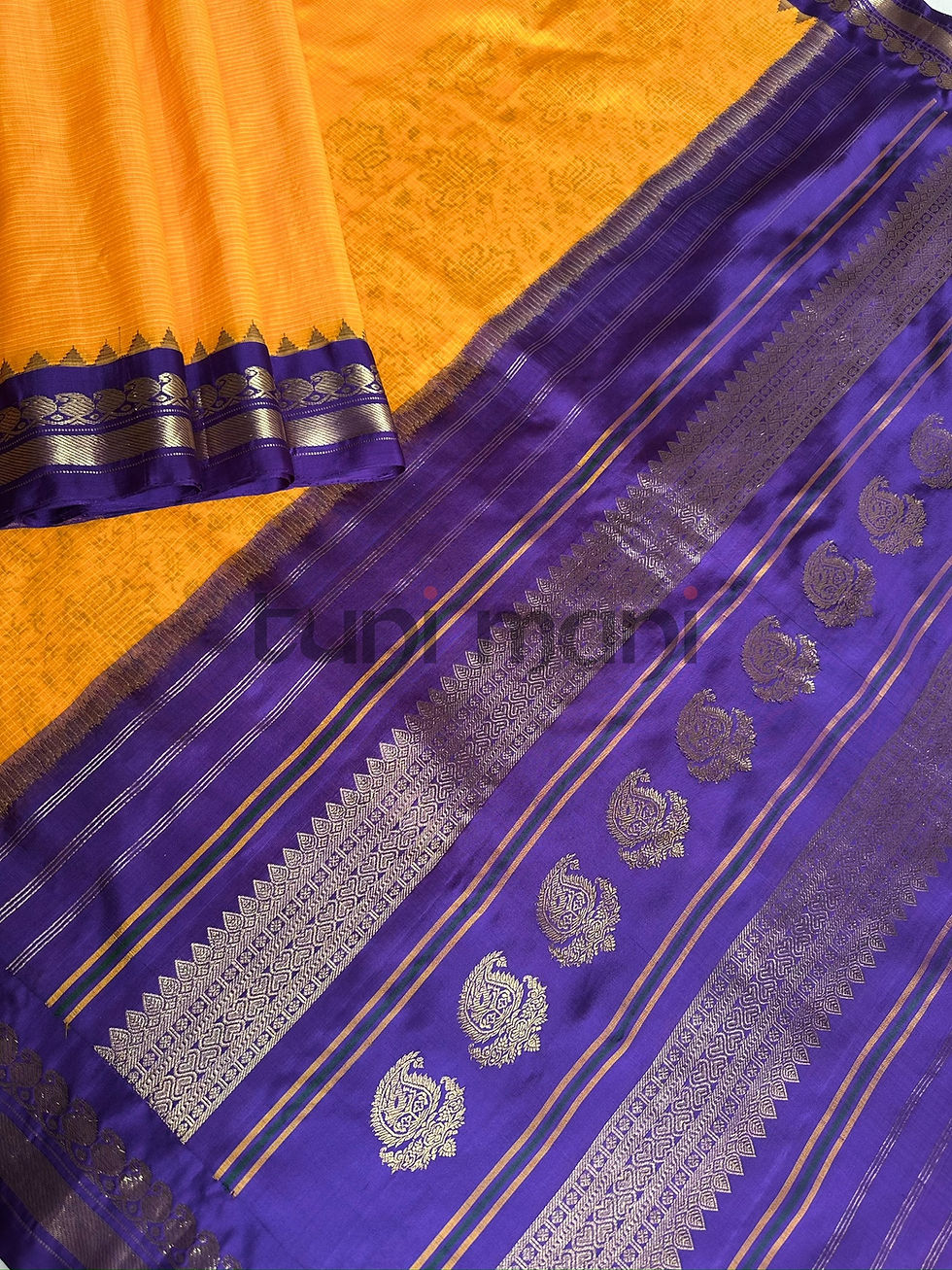 Thumbnail: Orange Shade Gadwal Cotton Saree with Purple Silk Kuttu Border