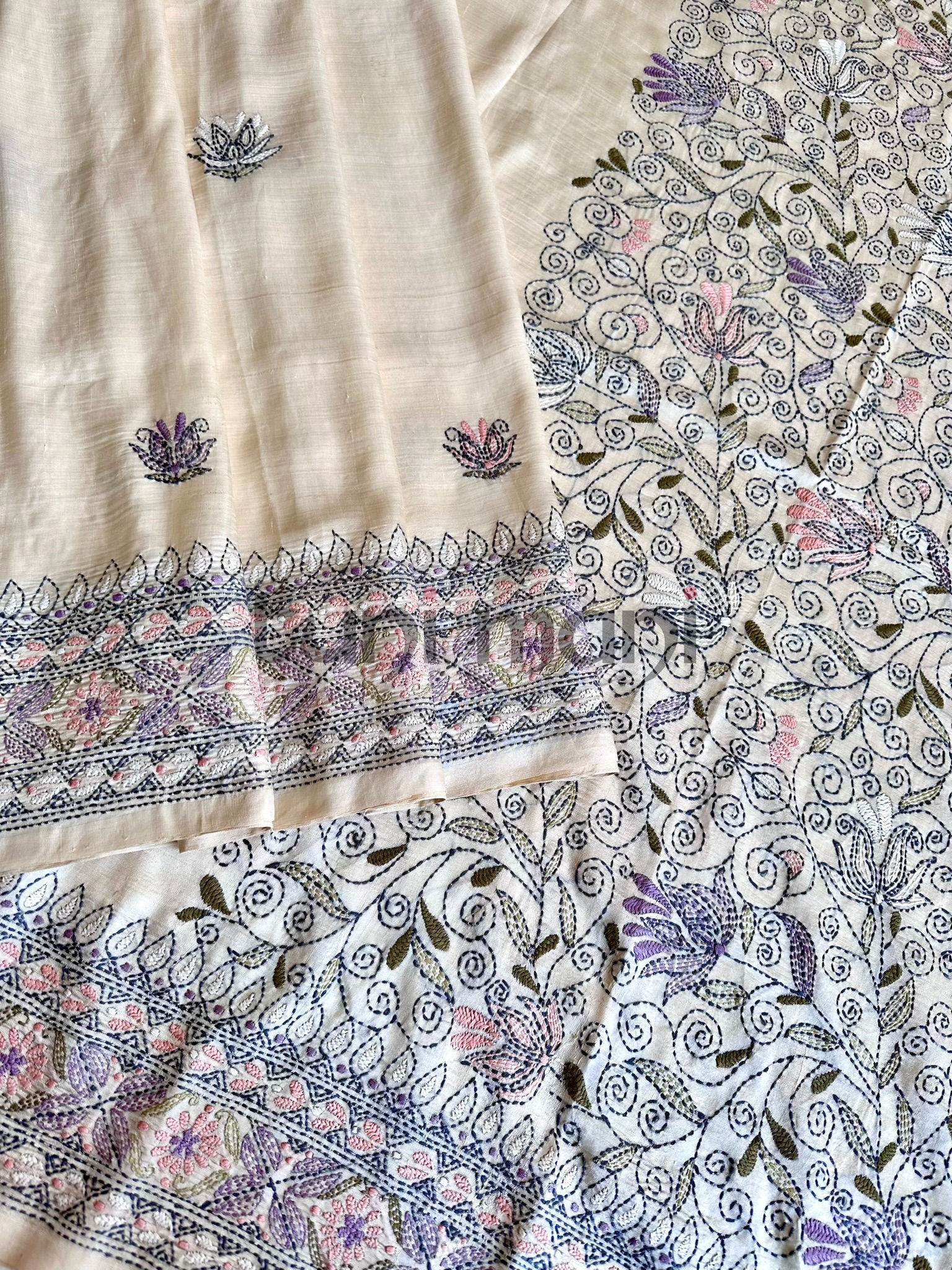 Pearl Pastel Shade Kantha Embroidery Mulberry Silk Saree