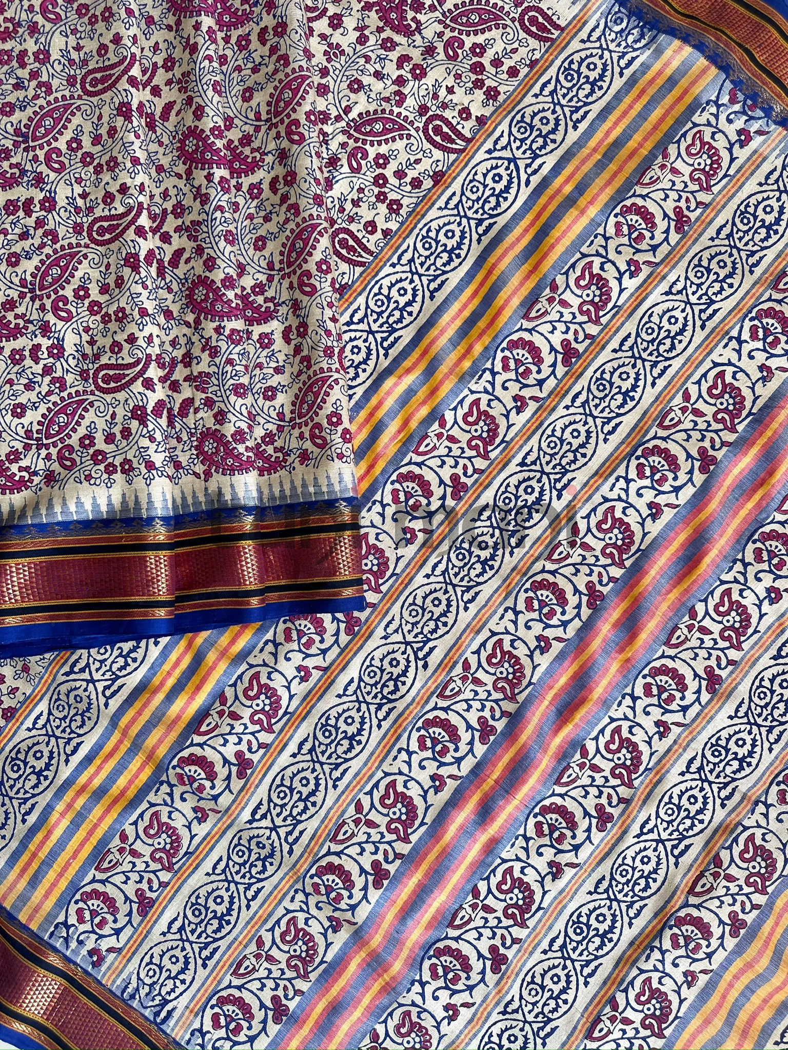 Hand Block Printed Handloom Karvati Kinar Pure Tussar Silk Saree