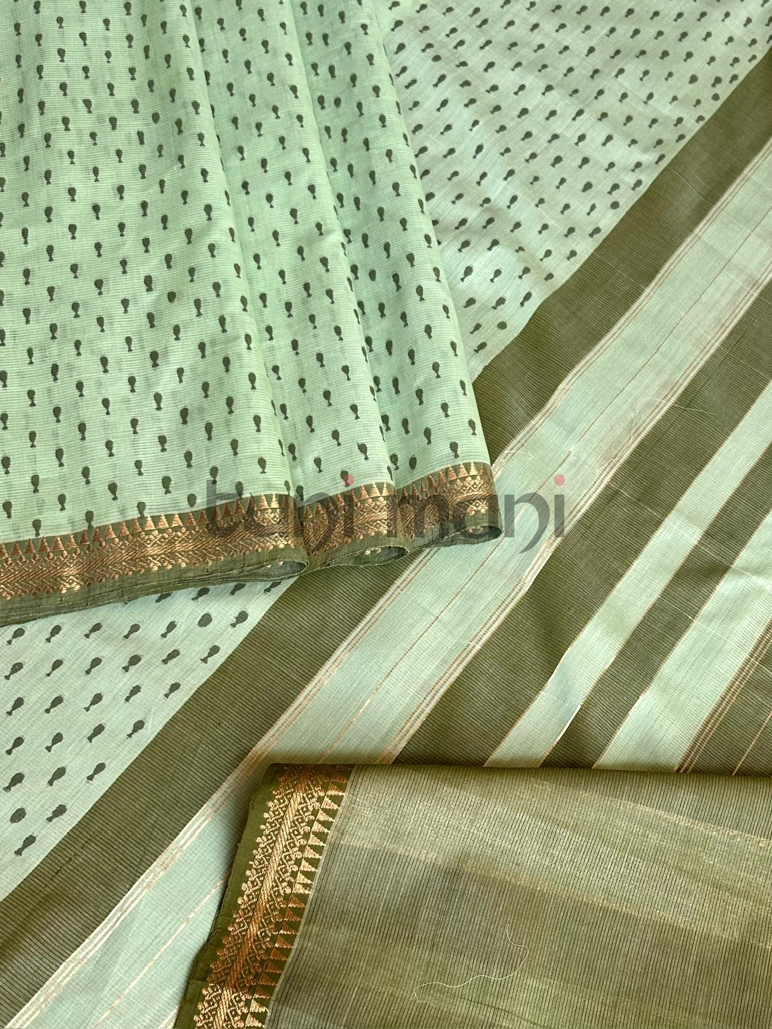 Green Shade Hand Block Printed Mangalagiri Cotton Saree