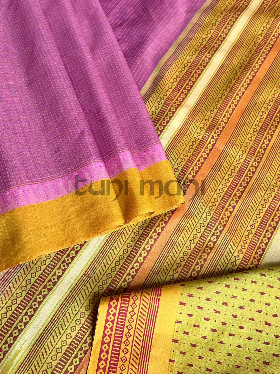 Pink Shade Kanchi Cotton Saree with Block Prints and Korvai Temple Border