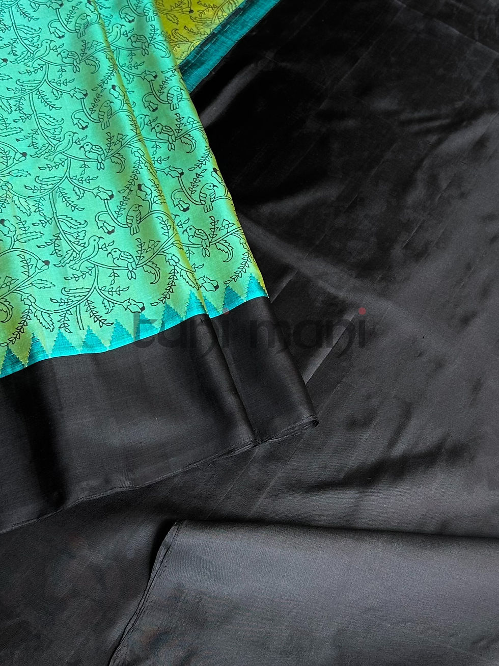 Thumbnail: Dual Shade Green Block Printed Silk Saree with Temple Border