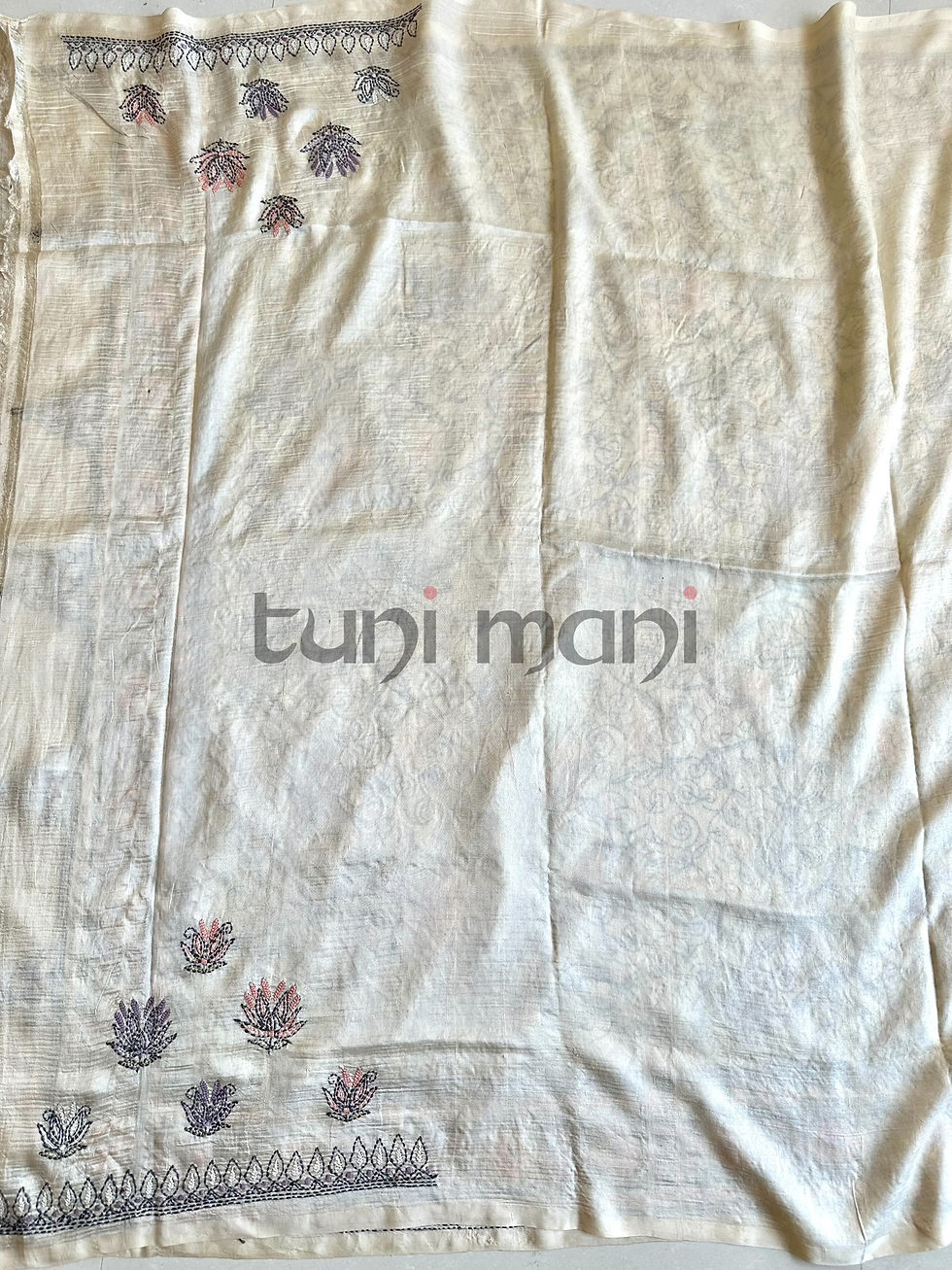 Thumbnail: Pearl Pastel Shade Kantha Embroidery Mulberry Silk Saree