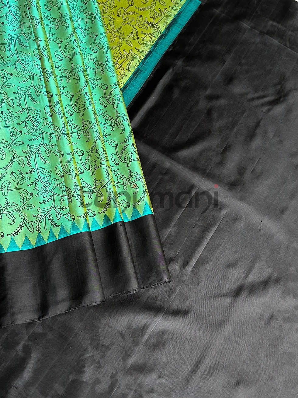 Dual Shade Green Block Printed Silk Saree with Temple Border