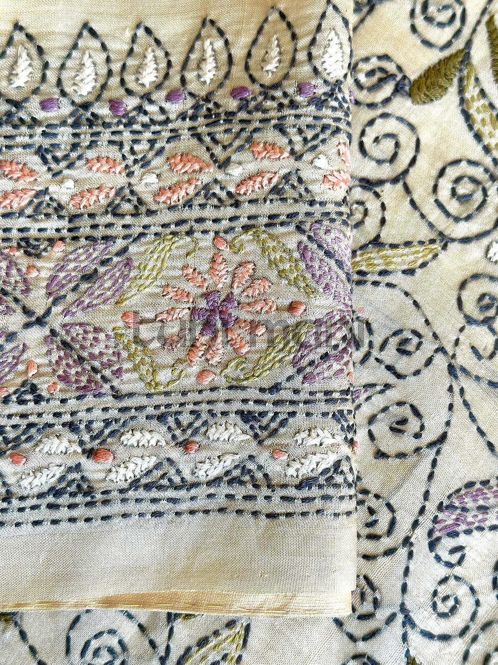 Thumbnail: Pearl Pastel Shade Kantha Embroidery Mulberry Silk Saree
