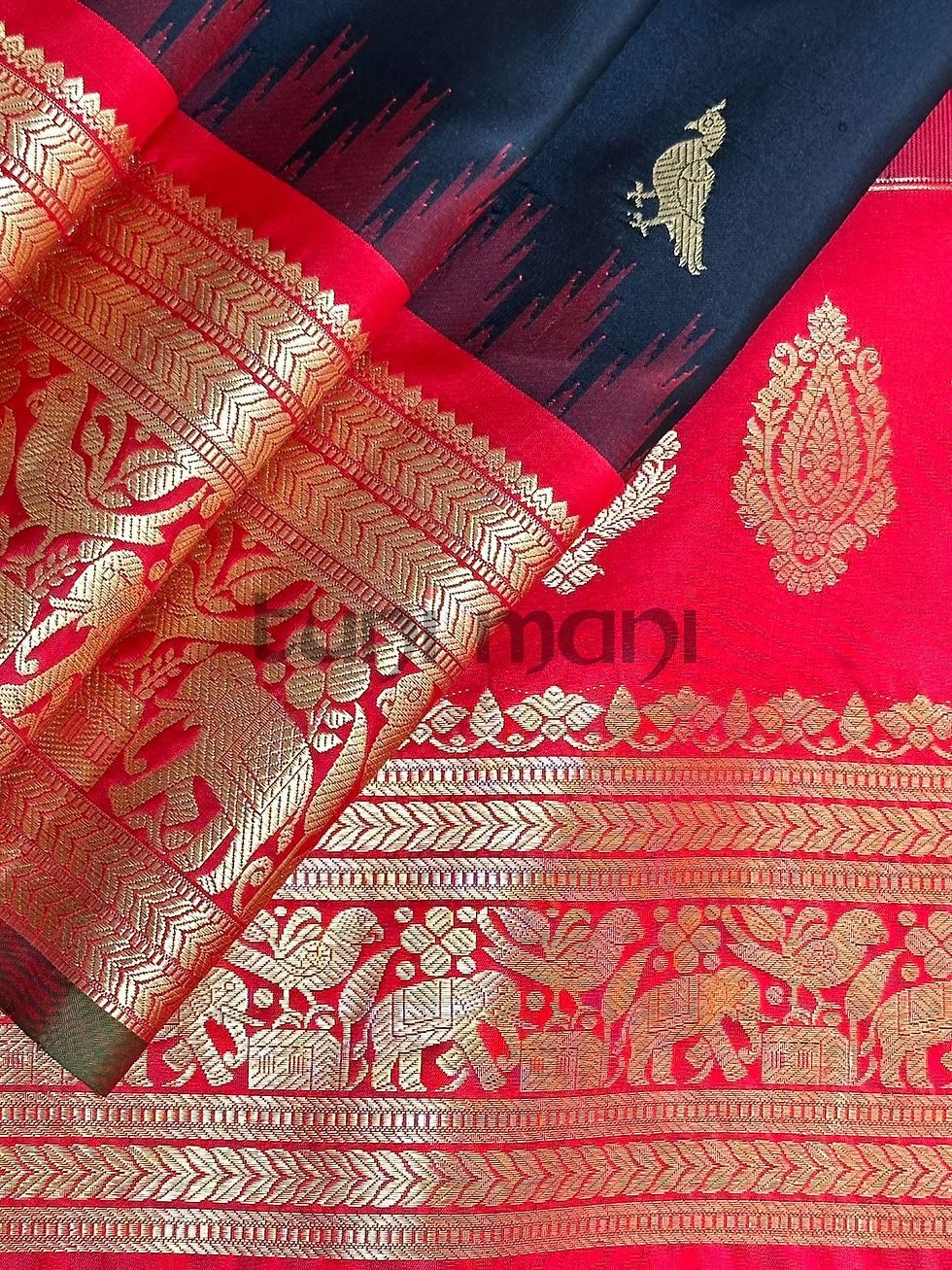 Thumbnail: Black Shade Gadwal Silk Saree with Red Temple Border