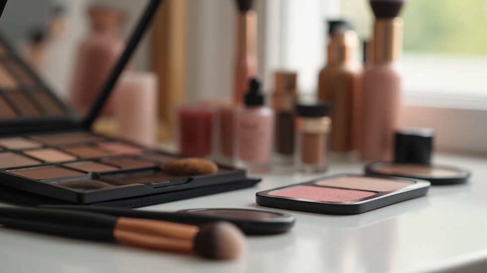 Close-up view of makeup brushes and cosmetics arranged neatly