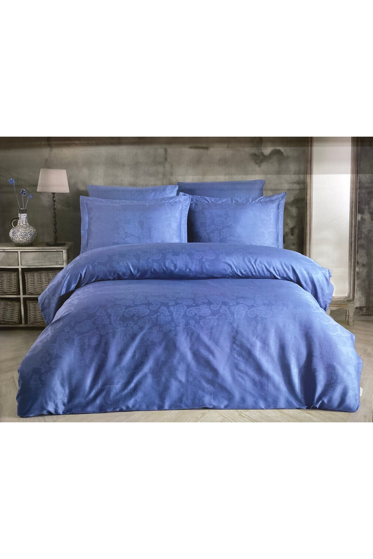 Stella Double 6-piece Smoke Blue Color Cotton Satin Duvet Cover Set