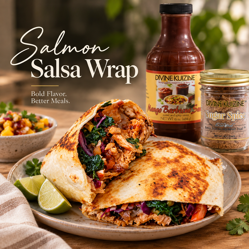 Mango BBQ salmon kale slaw wrap with fresh mango salsa
