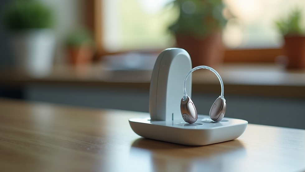 Close-up view of a hearing aid charging dock with hearing aids placed inside