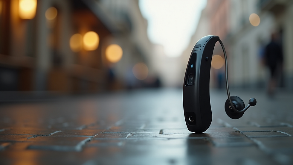 High angle view of a sleek, modern hearing aid with Bluetooth connectivity