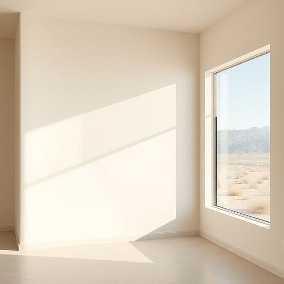 A photorealistic interior with a large neutral cream wall taking up 60% of the frame. On t