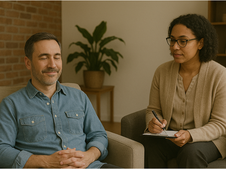 This image captures a psychotherapy session between a smiling male patient and a calm female therapist, both seated, reflecting relief during ketamine-assisted therapy.
