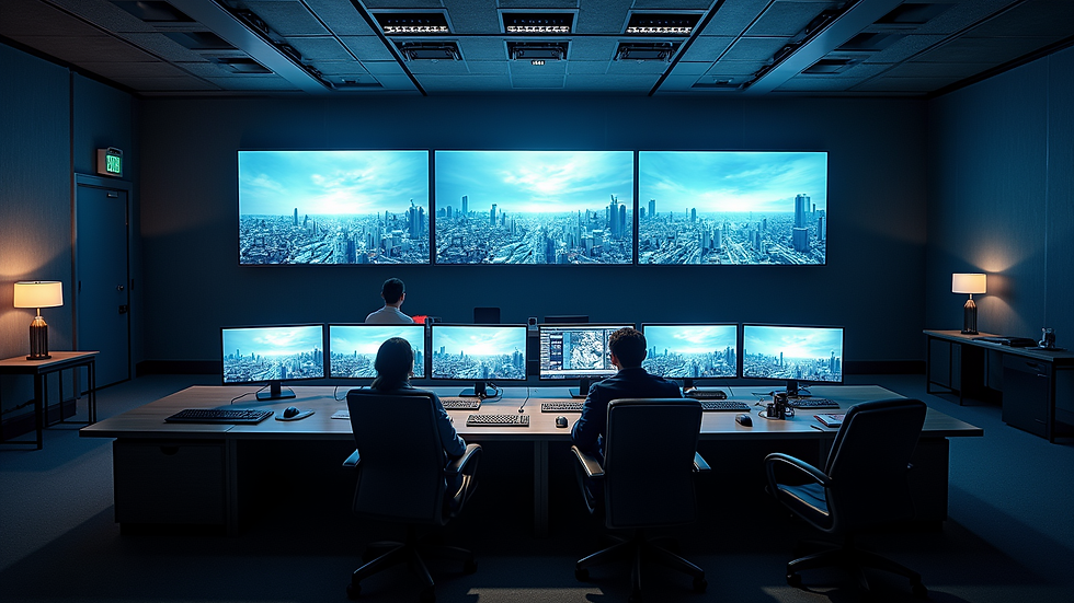 high angle view of event control room with multiple monitors