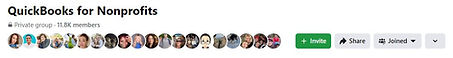 A strip of social media icons with profile pics, showing an invite button to join a QuickBooks® for Nonprofits page