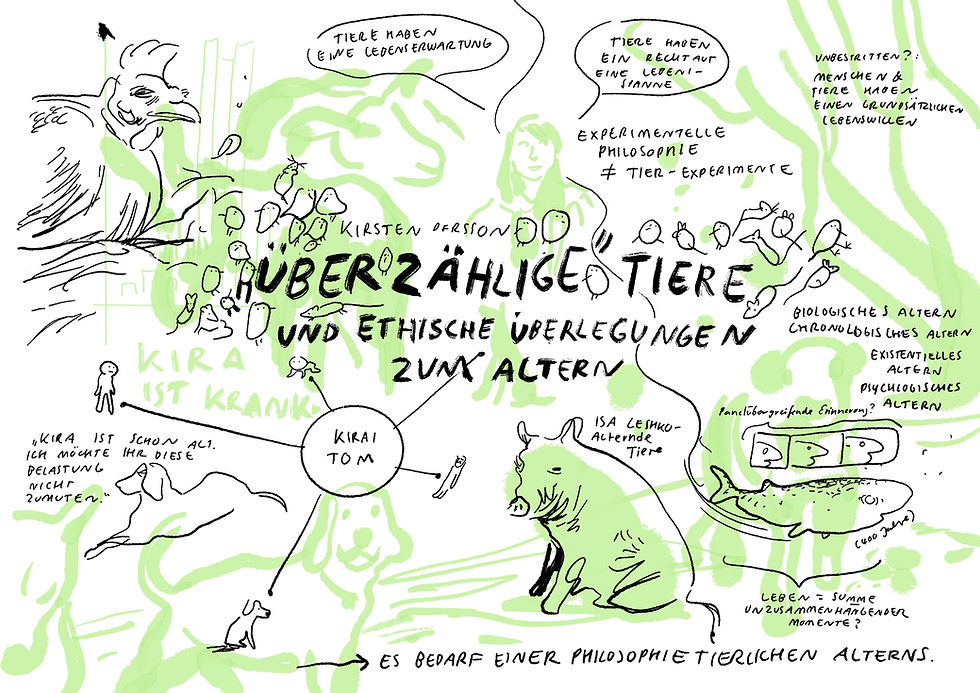 Graphic recording by Lena Winkel of Kirsten Persson‘s talk „Überzählige“ Tiere und ethische Überlegungen zum Alter(n) (Copyright: Lena Winkel).