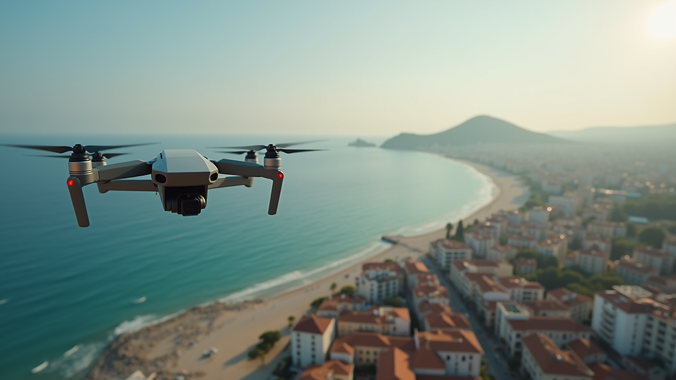 High angle view of a drone flying over a coastal cityscape