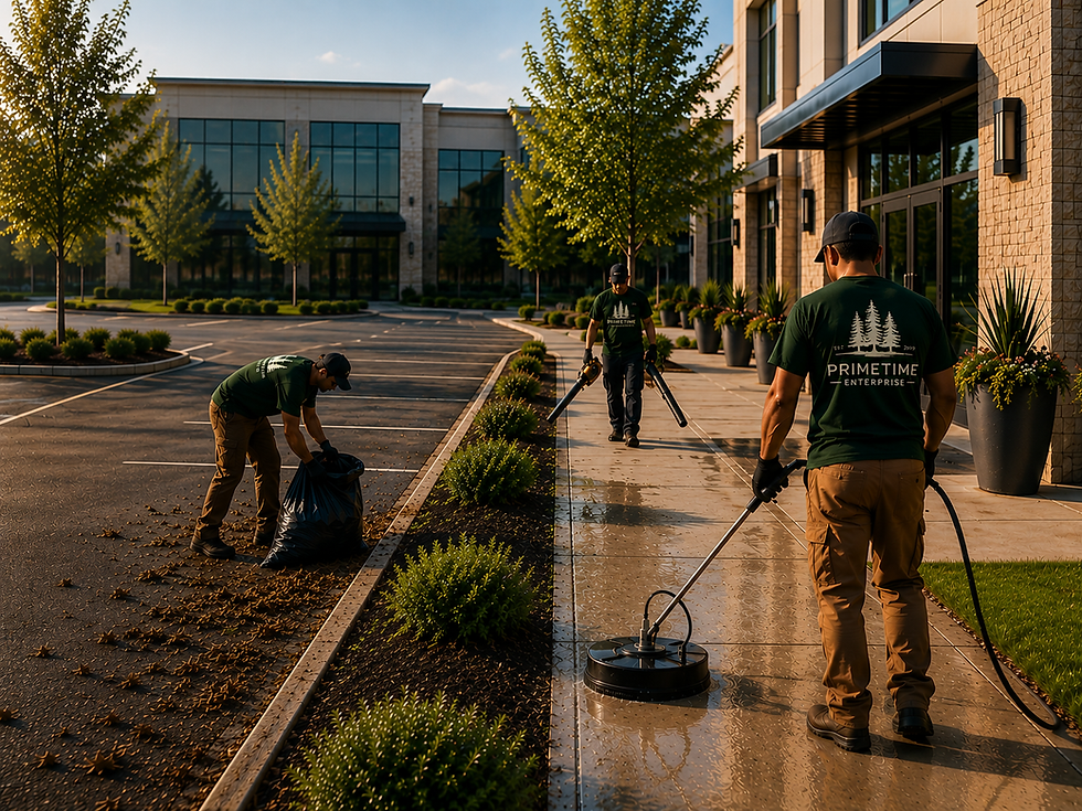 Commercial property maintenance crew providing pressure washing, snd exterior cleaning services for a commercial building in Spokane, WA