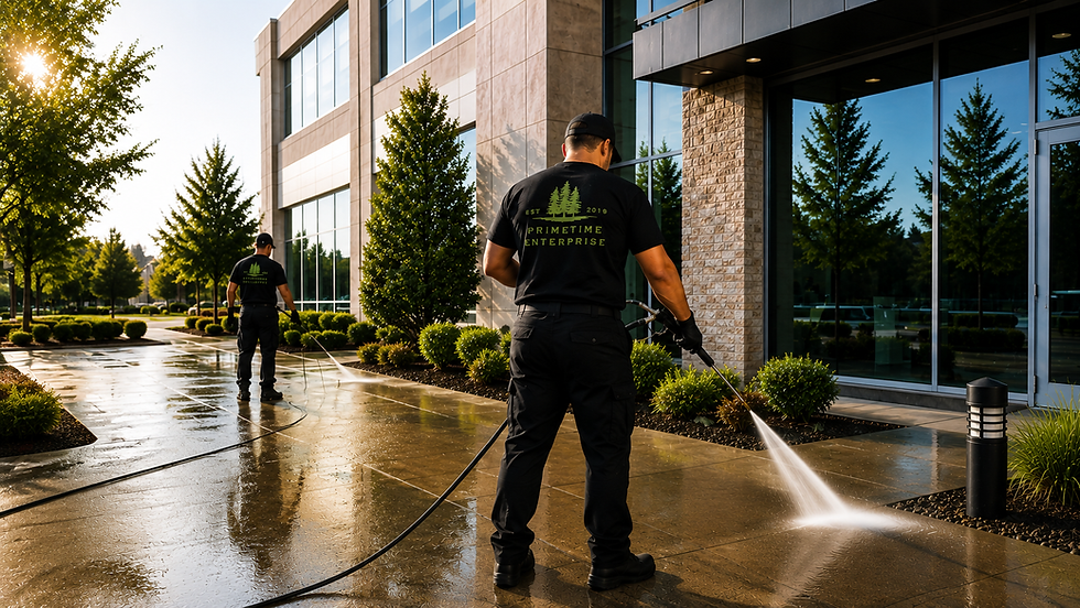 Commercial pressure washing service cleaning sidewalks and building entrances