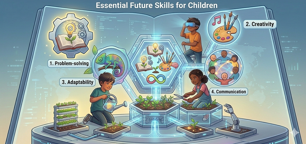 Illustration showing essential future skills for children such as problem-solving, creativity, adaptability, and communication through interactive learning activities.