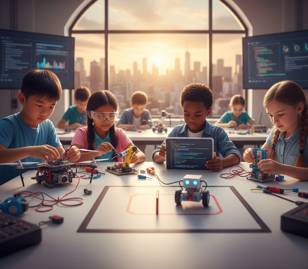 Kids engaged in Experiential Learning through hands-on robotics and coding activities in a classroom.