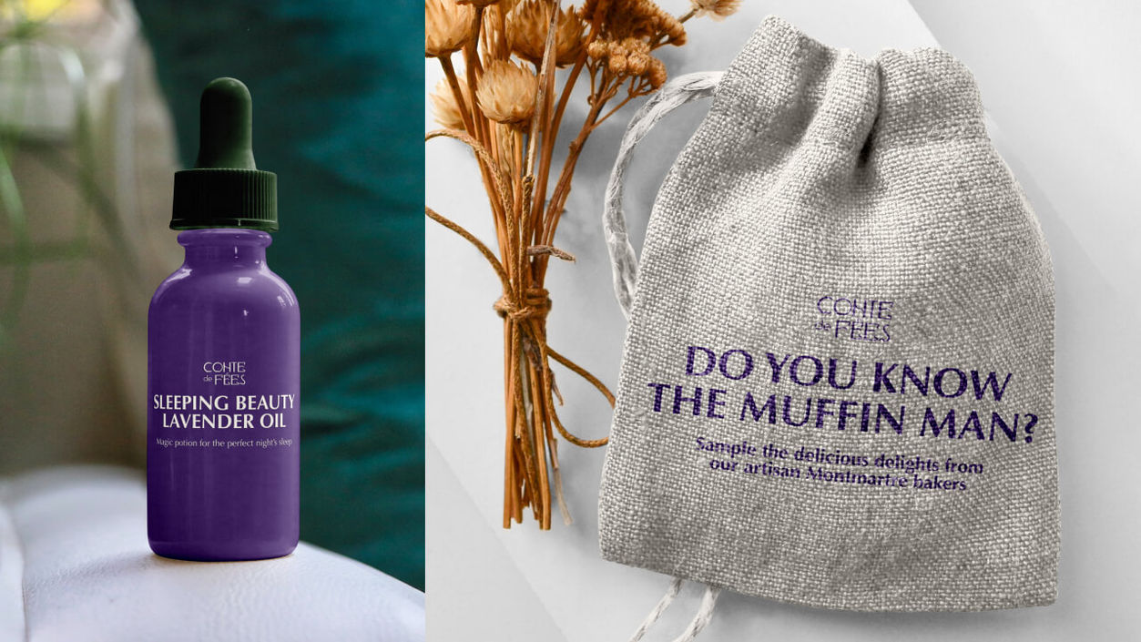 An image of of branded lavender oil and a bag of treats for breakfast.