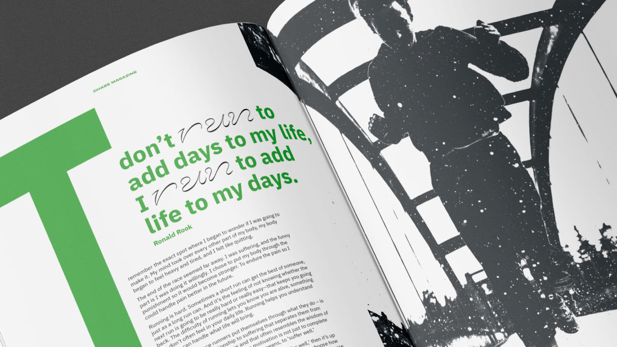 An image of the second spread of the magazine feature, called Runner's High. The spread features a black and white image of a woman running through the rain and puddles.