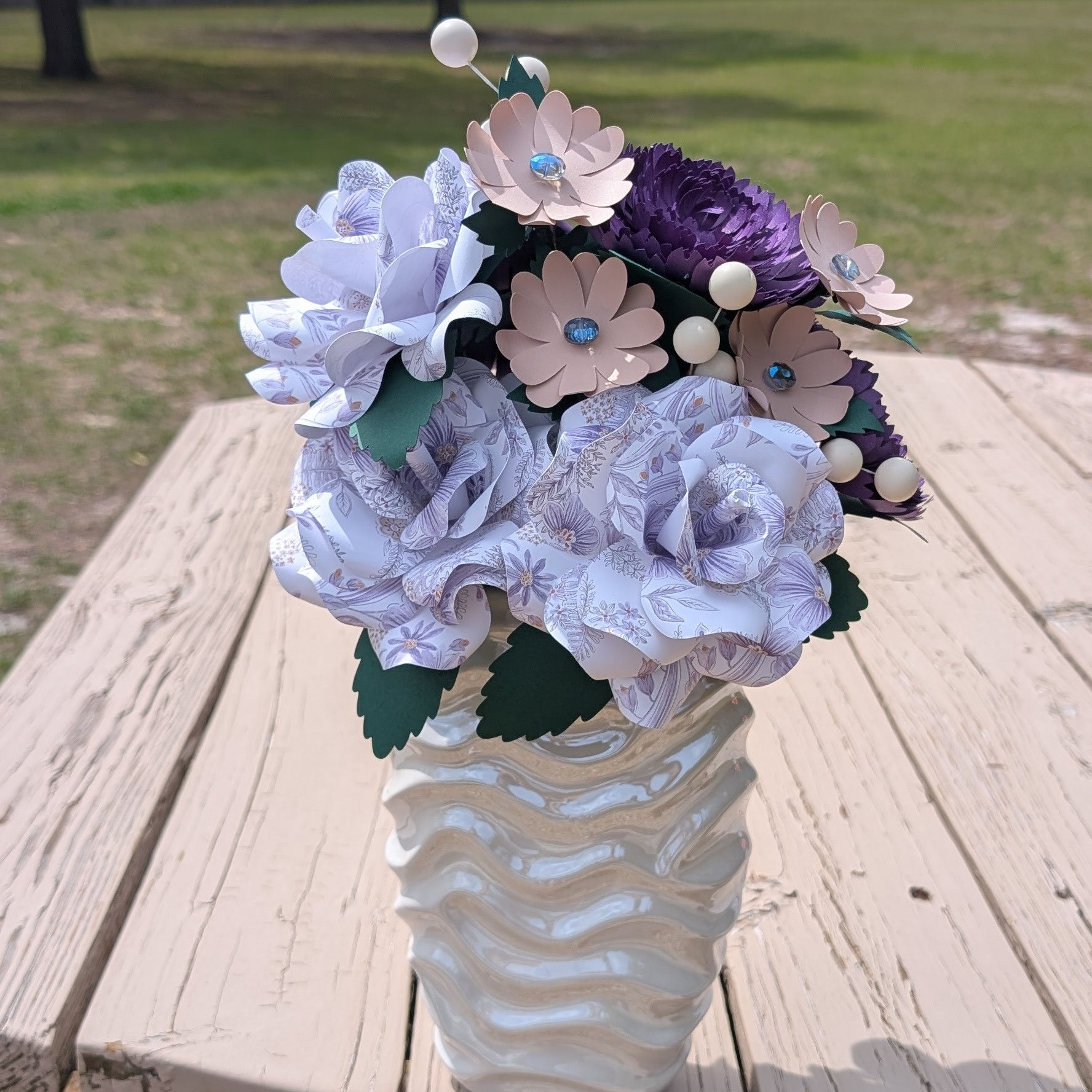 Purple Crysanthemum, Roses, and Daisies