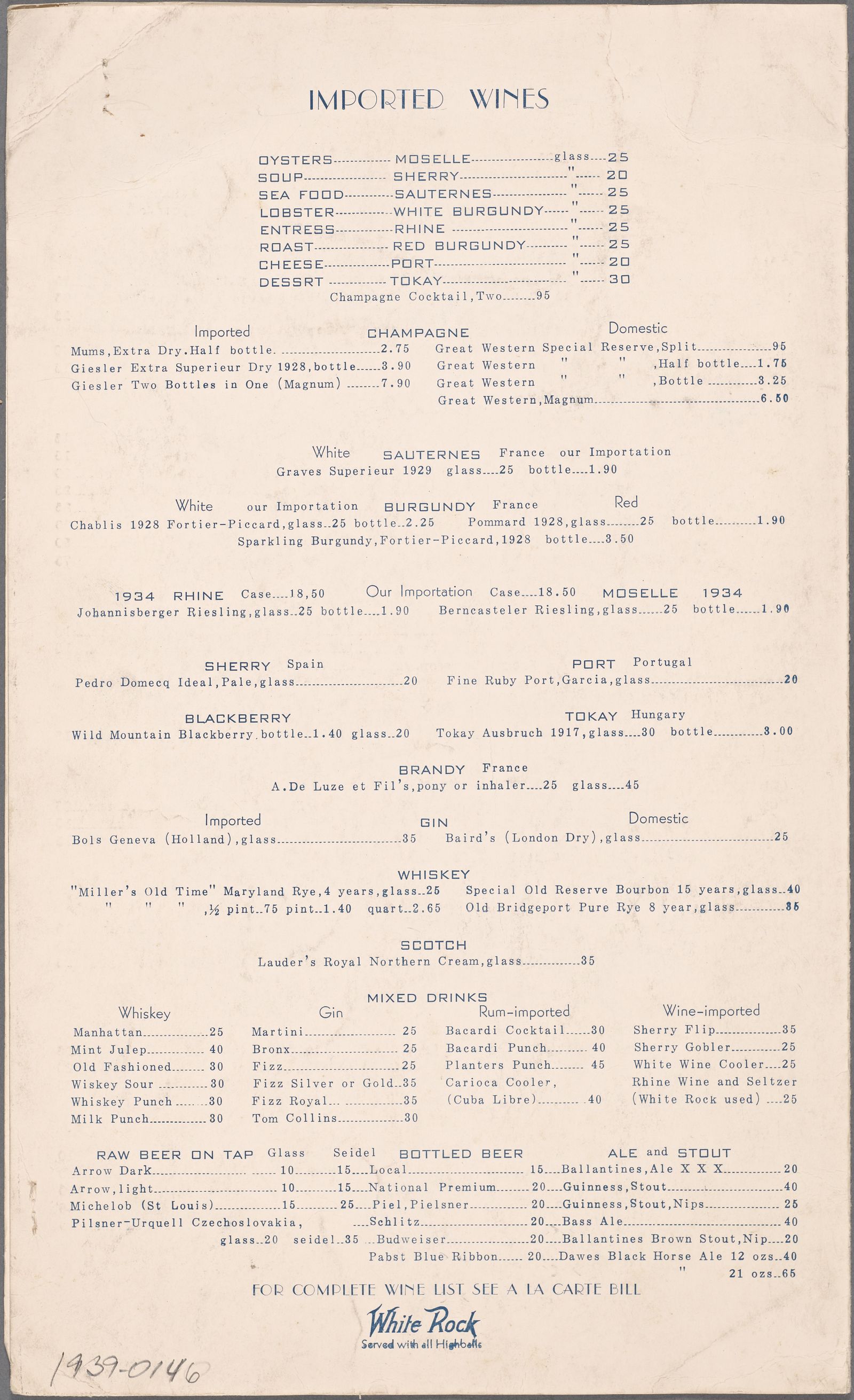 Wine list and food pairings from a Miller Bros. menu, Baltimore, June 20, 1939. From The New York Public Library, via The Menu Museum.