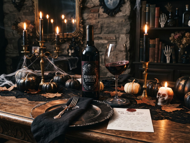 Illustrative Halloween table with dark red wine, black pumpkins, candles and cobwebs