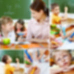Collage of pupils and their teacher in classroom