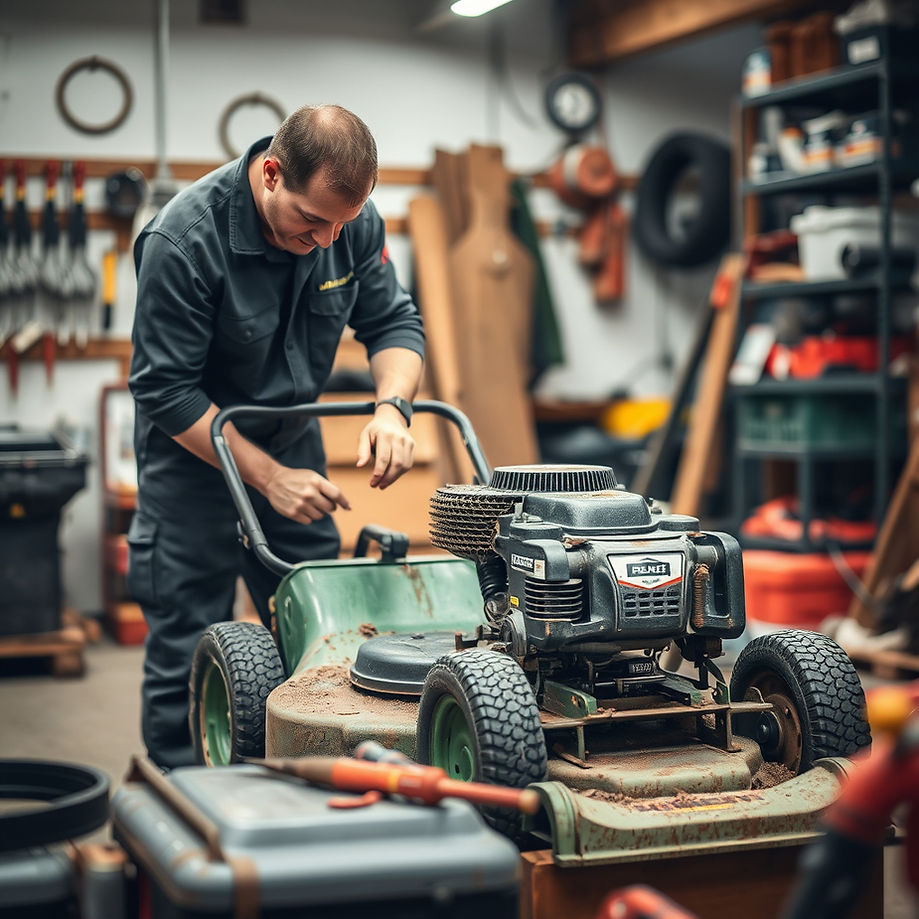 man repairing a lawn mower in a repair shop.jpg