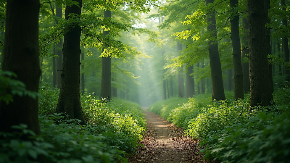 Wide angle view of a lush green forest
