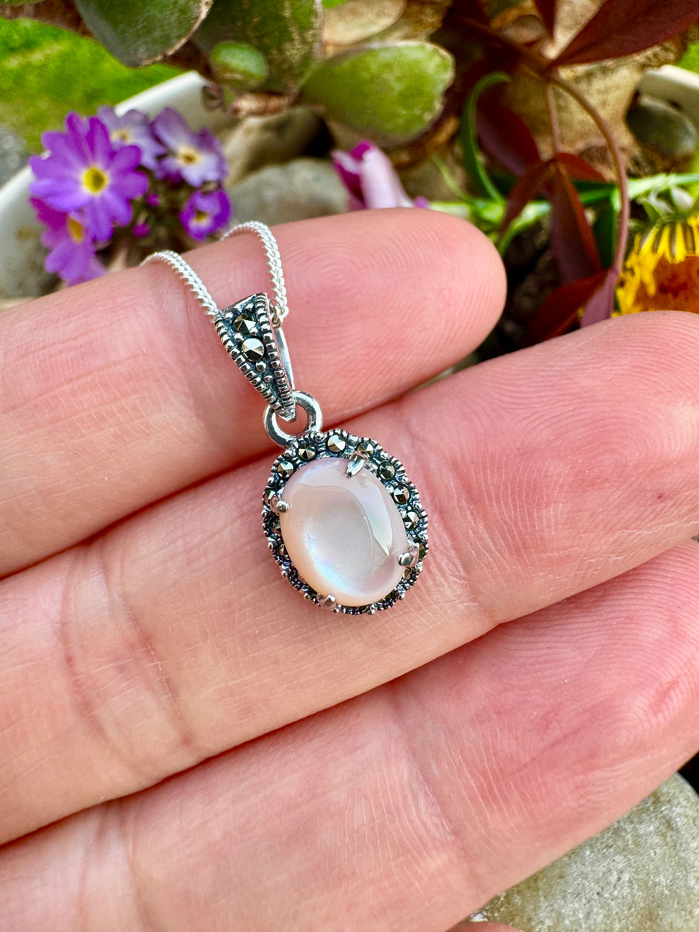 Thumbnail: Pink Mother of Pearl  Marcasite Halo Sterling Silver Necklace,Woman s925 necklace, birthday necklace,Ireland jewellery