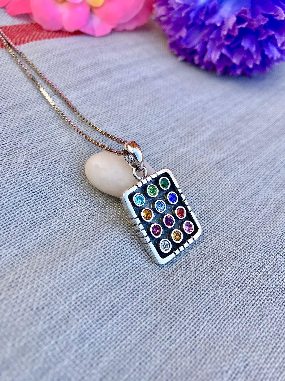 Thumbnail: Multi colors Medal Silver Necklace